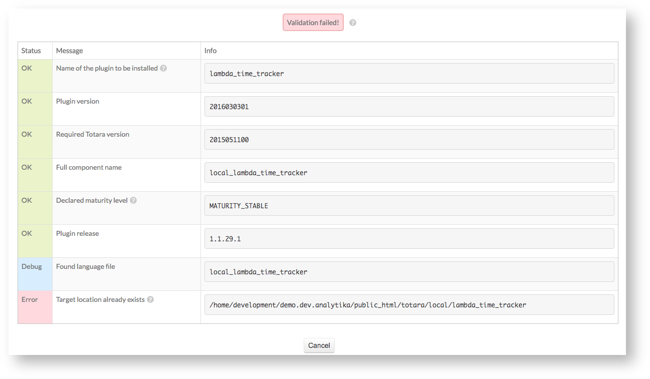 Zoola > Installing the Zoola Plugin Set > Analytika_Totara__Administration__Plugins__Plugin_package_validation.png